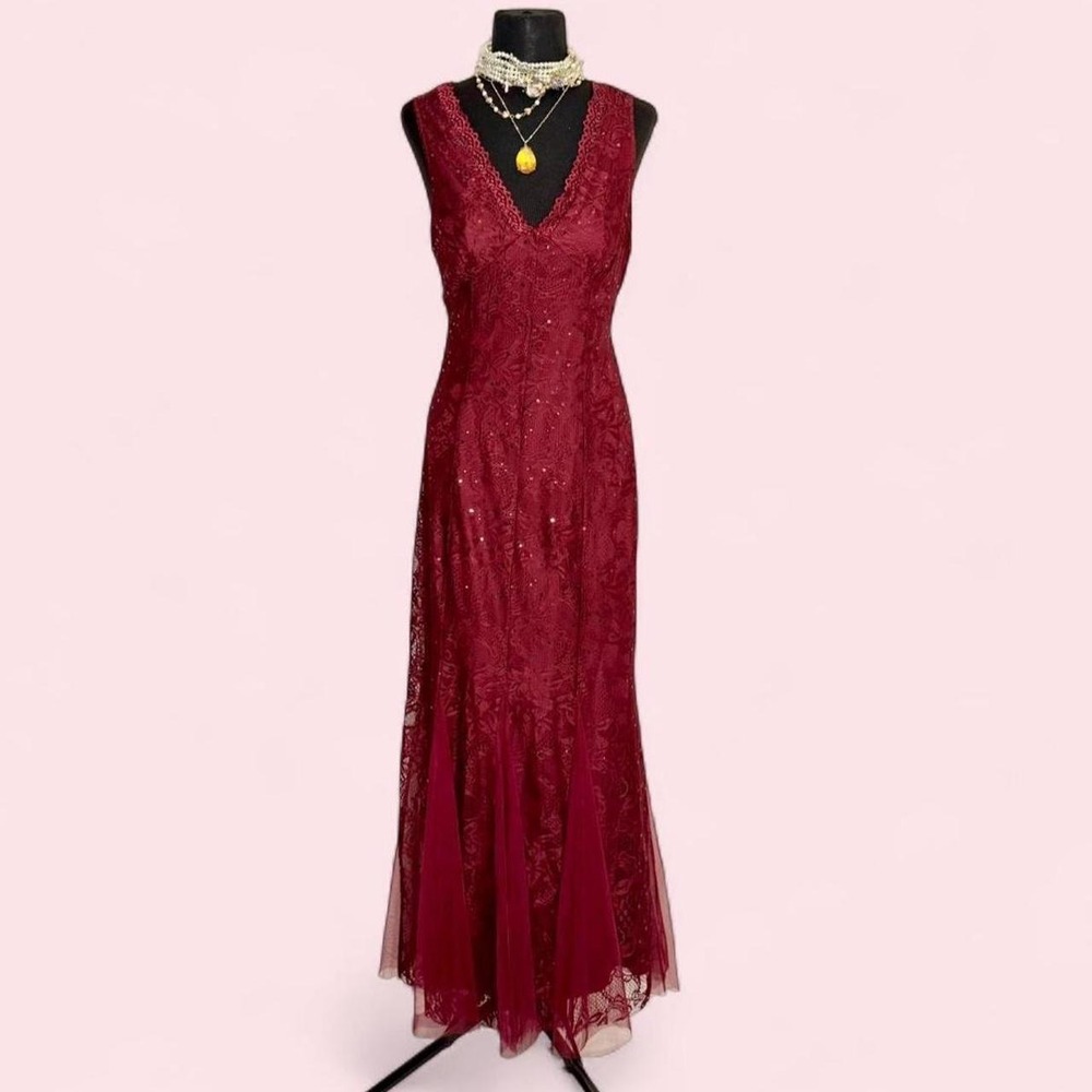 Vintage Candalite Size S Burgundy‎ Lace Maxi Dress